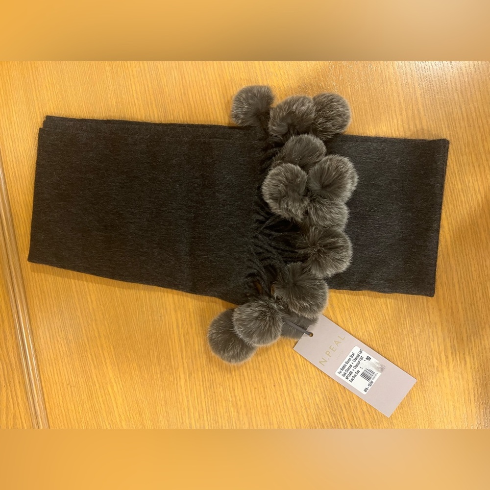 N. Pearl Fur Woven Cashmere Pom Pom Scarf